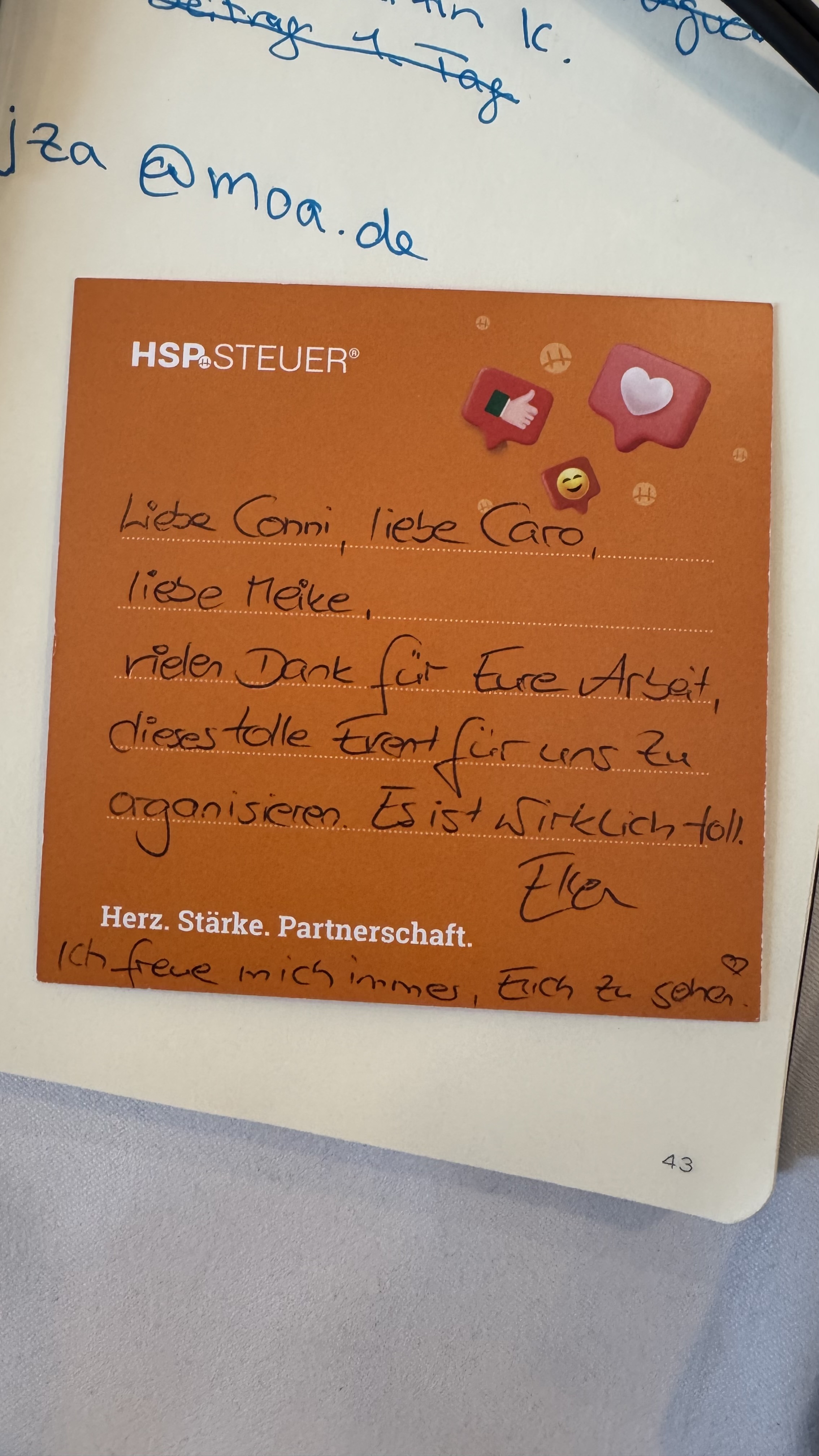 Handschriftliche Dankeskarte für die Organisation der HSP Teamtage.