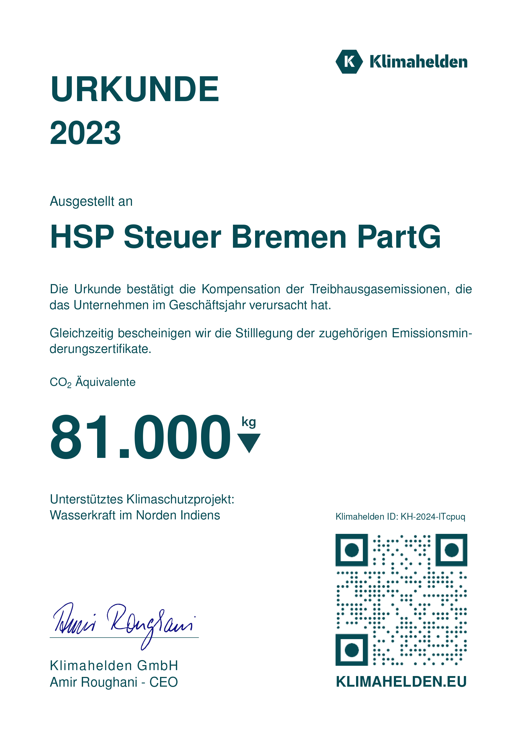 Klimazertifikat 2023 HSP STEUER Bremen