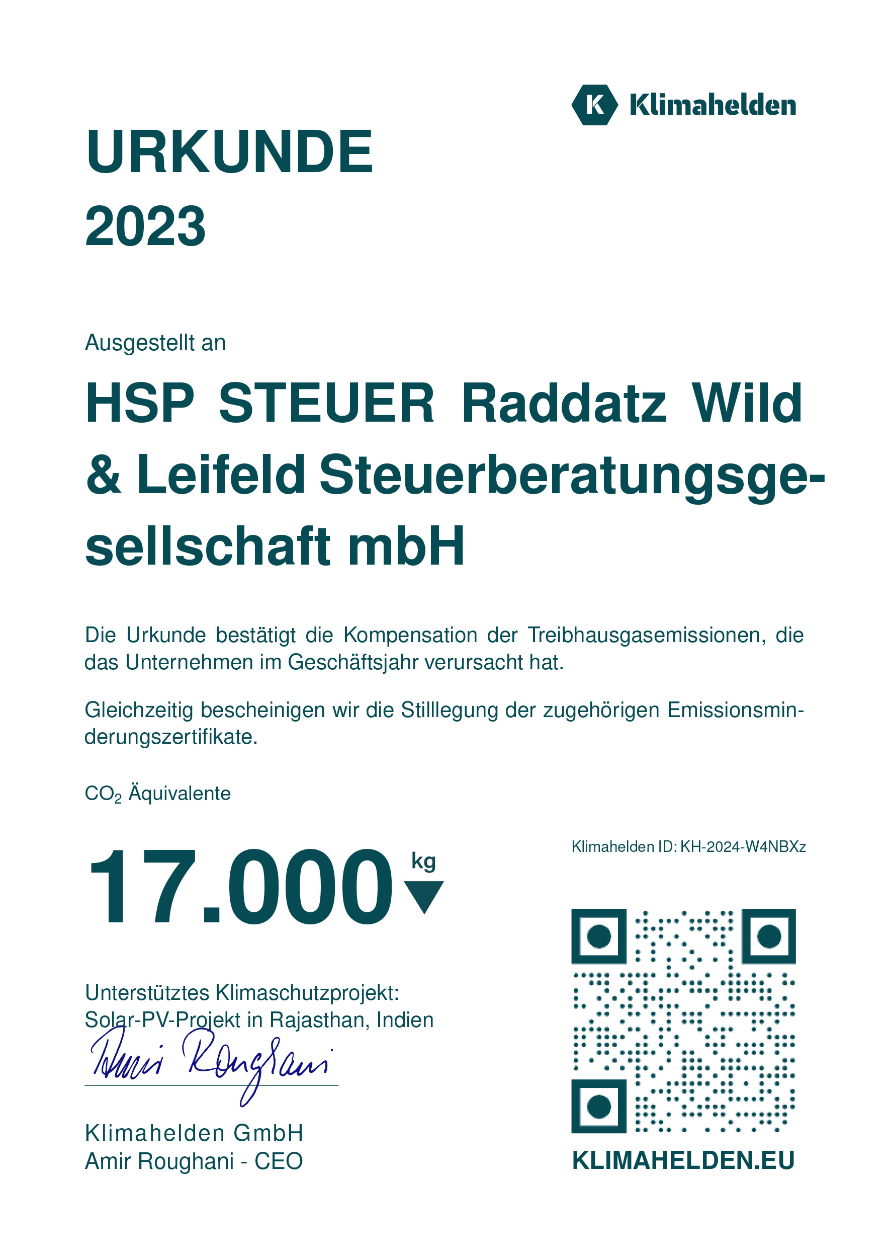 Klimazertifikat 2023 HSP STEUER Schwerin & Güstrow