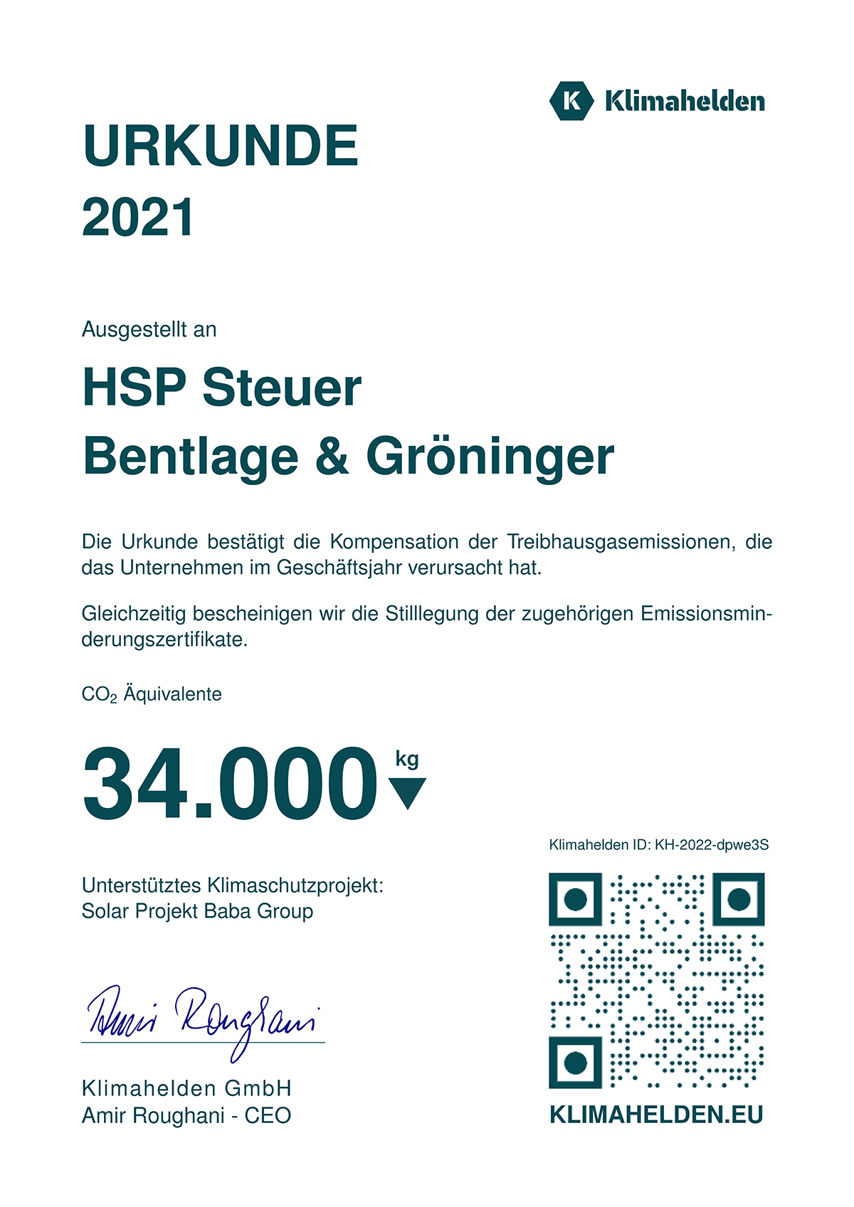 Klimazertifikat 2021 HSP STEUER Lingen